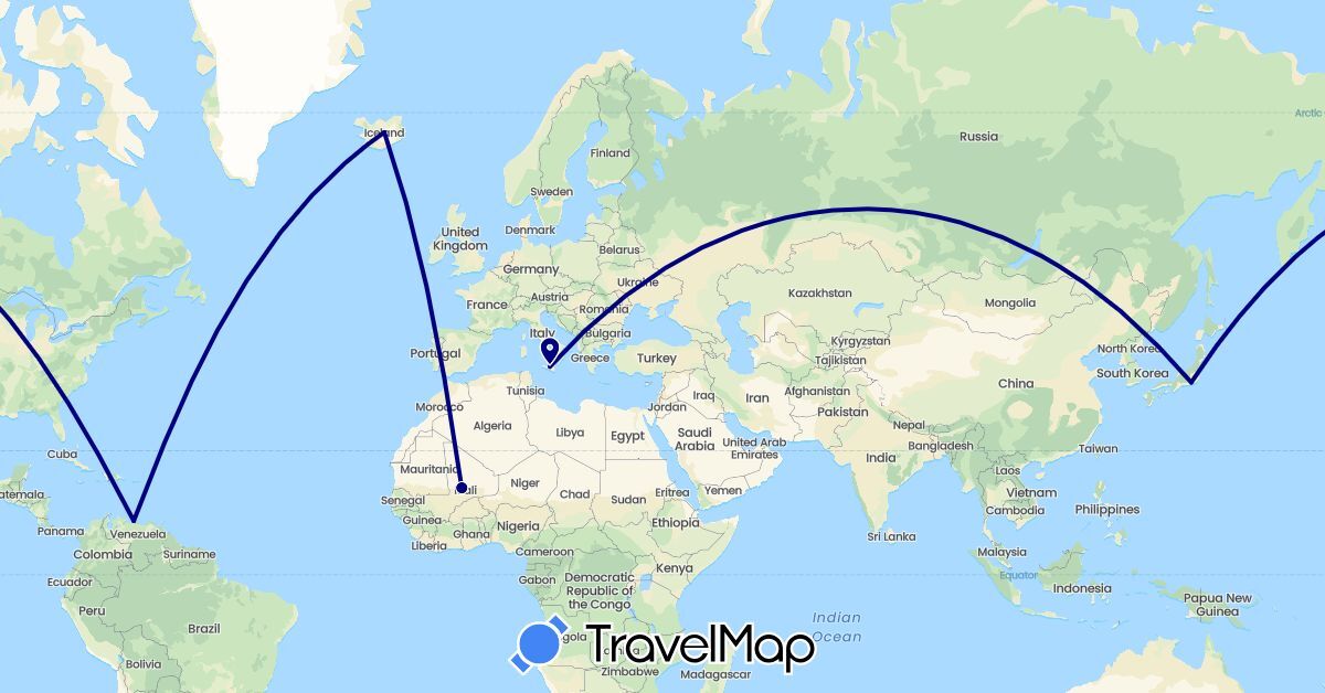 TravelMap itinerary: driving in Iceland, Italy, Japan, Mali, Venezuela (Africa, Asia, Europe, South America)